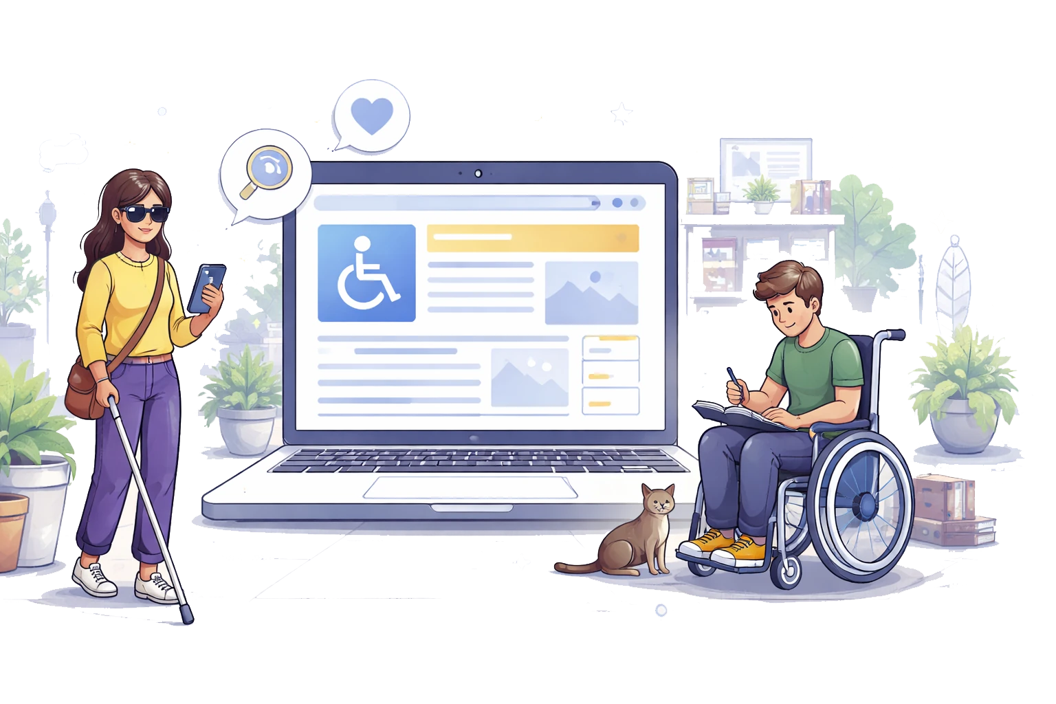 Illustrazione sull’accessibilità digitale: persone con disabilità che utilizzano il web e i contenuti online