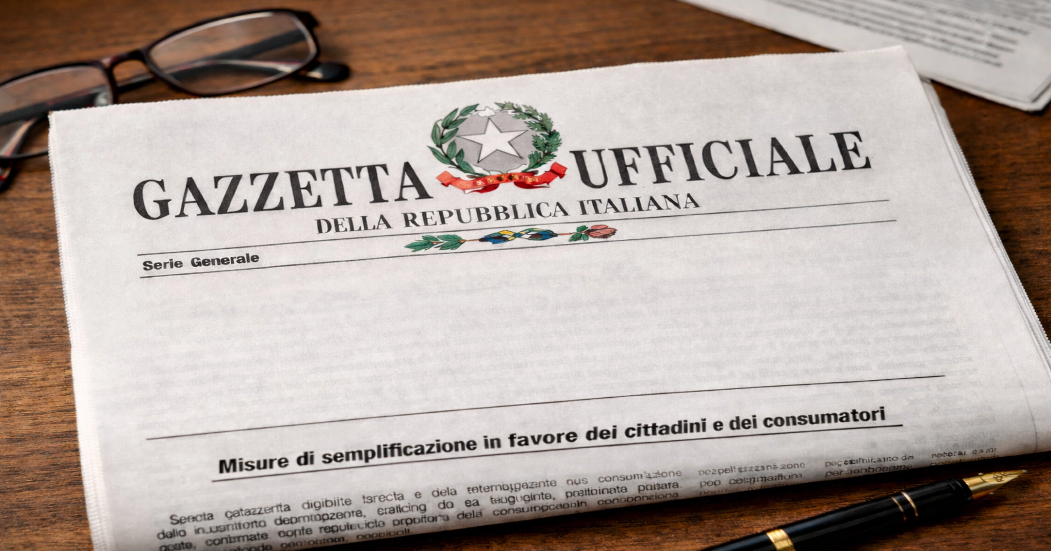 Prima pagina della Gazzetta Prima pagina della Gazzetta Ufficiale della Repubblica Italiana su tavolo in legno.