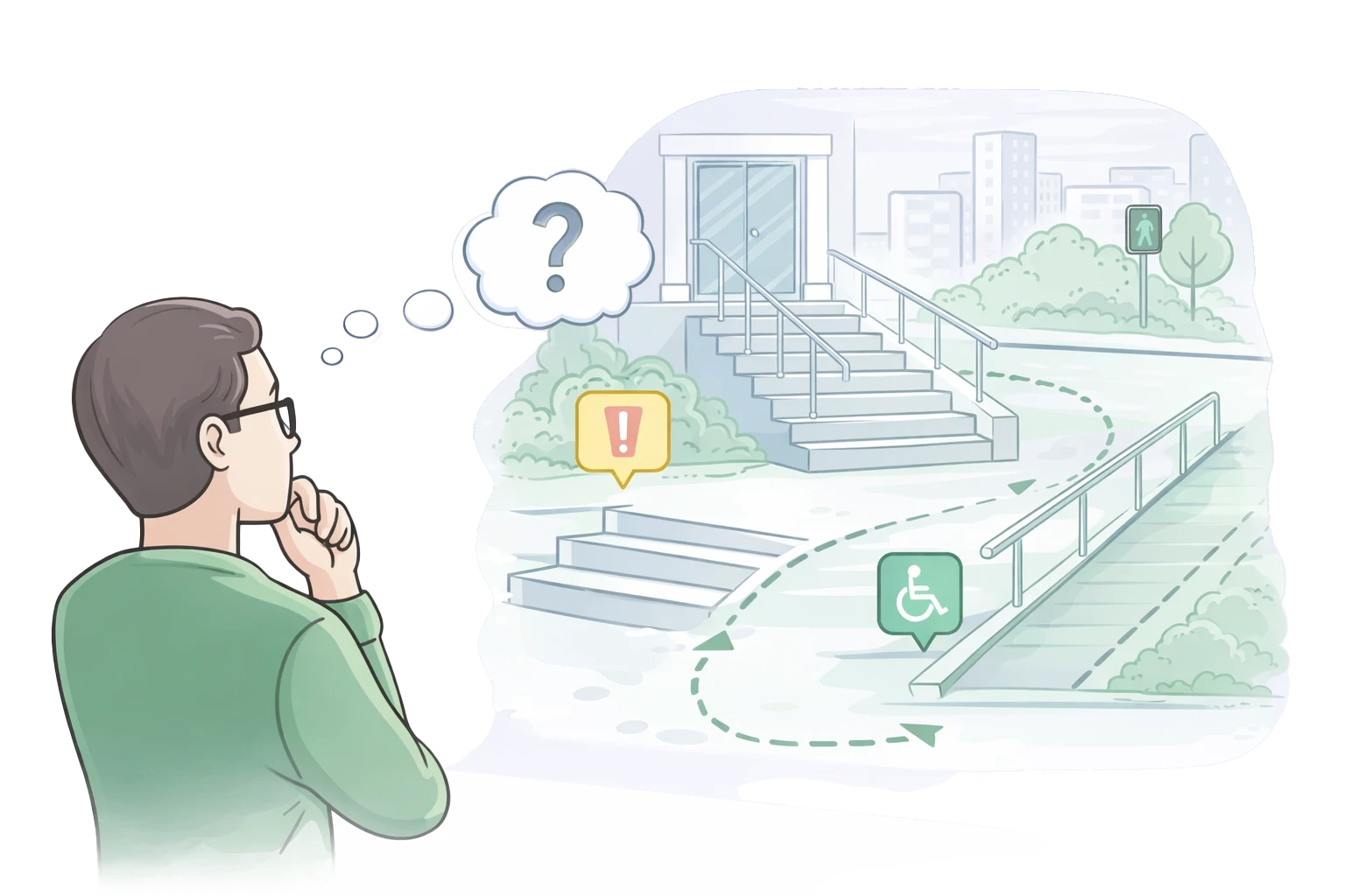 Illustrazione che rappresenta l’analisi delle barriere architettoniche e l’individuazione di percorsi alternativi per un accesso equo agli spazi.