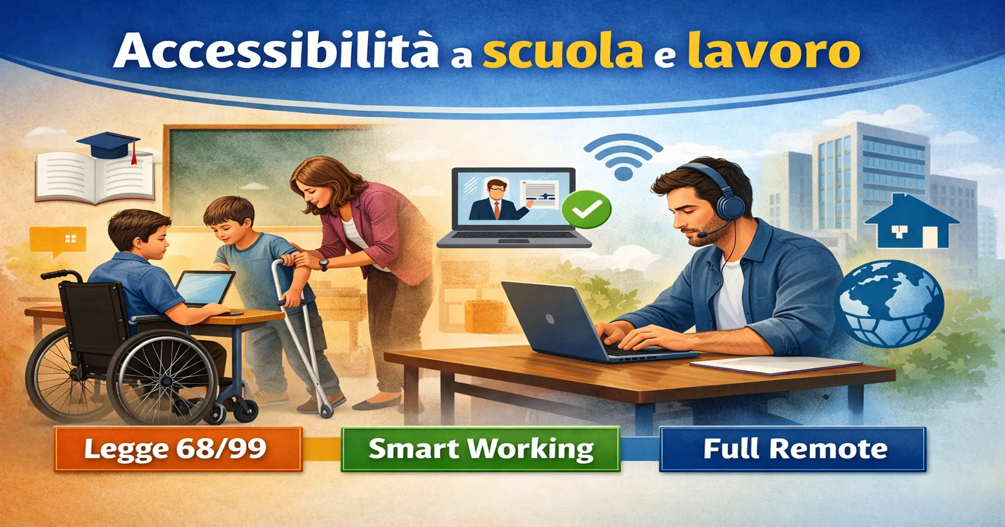 Illustrazione sull’accessibilità a scuola e negli ambienti di lavoro con riferimento alla Legge 68/99, smart working e full remote per l’inclusione delle persone con disabilità.
