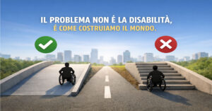 Illustrazione sull’accessibilità: persona in sedia a rotelle sceglie tra una rampa accessibile e una scala non accessibile, con messaggio sull’importanza di progettare un mondo inclusivo.