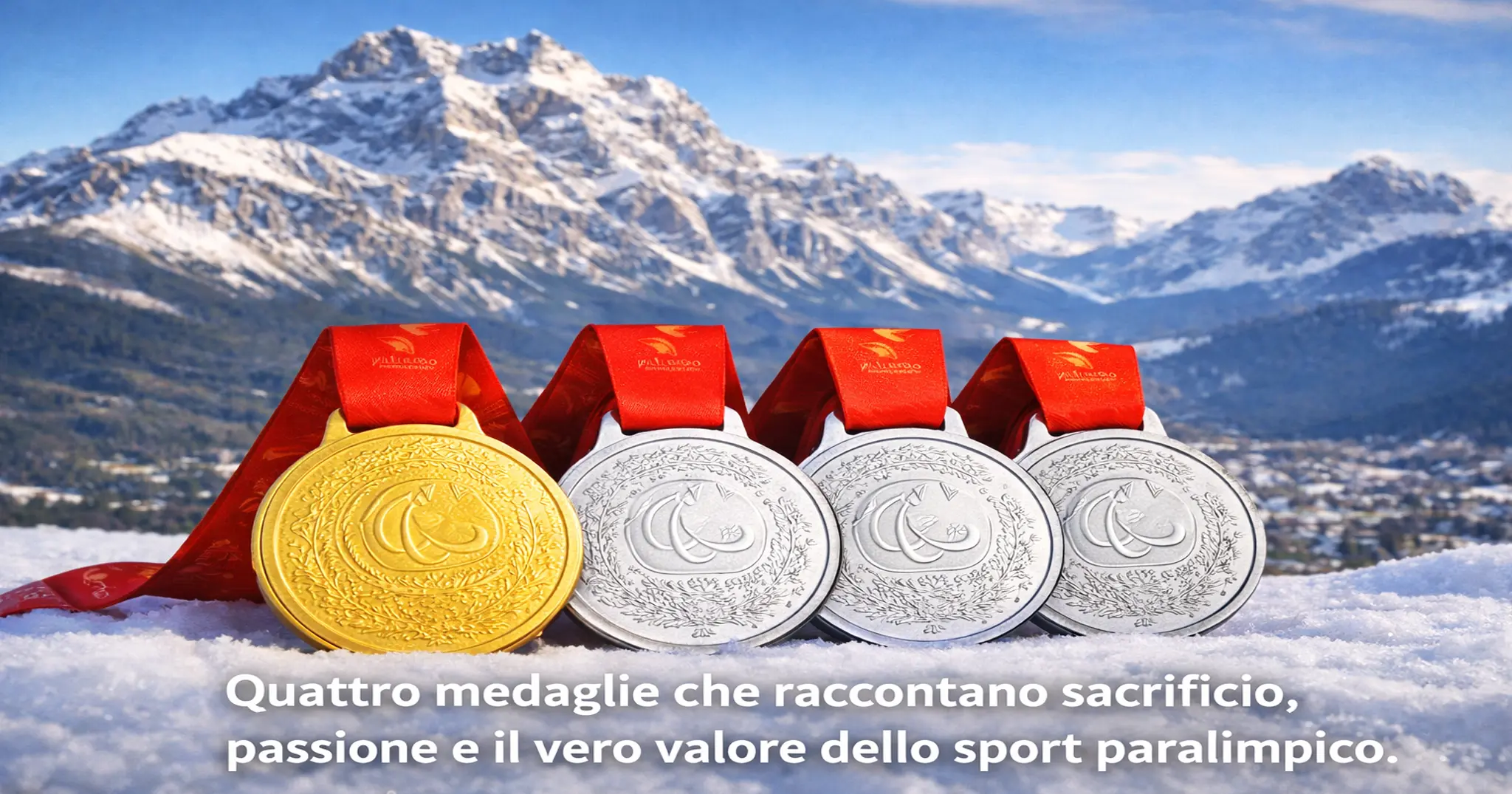 Quattro medaglie delle Paralimpiadi Invernali Milano Cortina 2026, una d’oro e tre d’argento, simbolo di sacrificio e passione nello sport paralimpico.