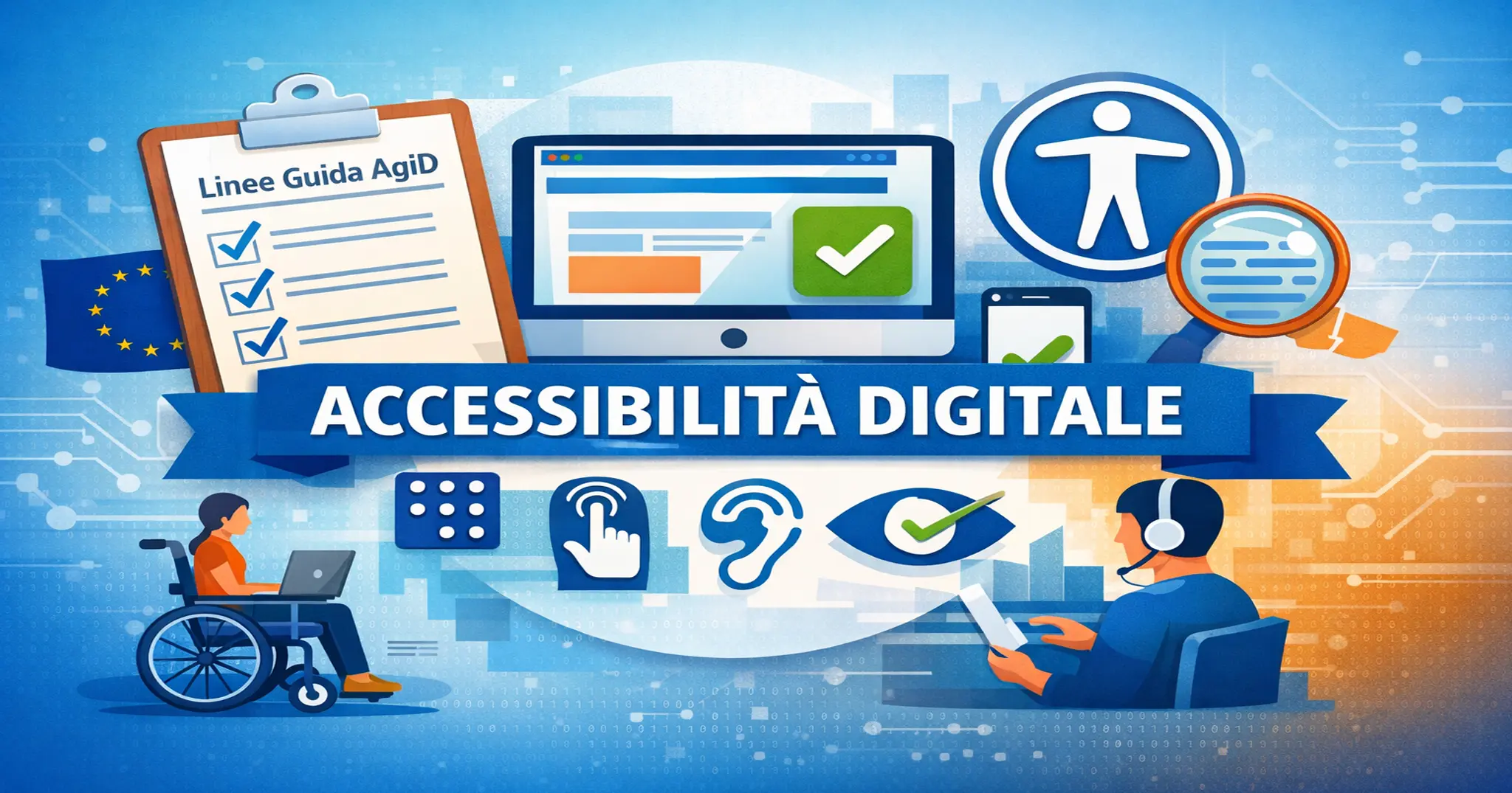 Grafica sull’accessibilità digitale con linee guida AgID, simboli di accessibilità, computer e servizi digitali inclusivi secondo l’European Accessibility Act.