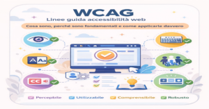 Illustrazione WCAG con i quattro principi dell’accessibilità web e icone di inclusione digitale.