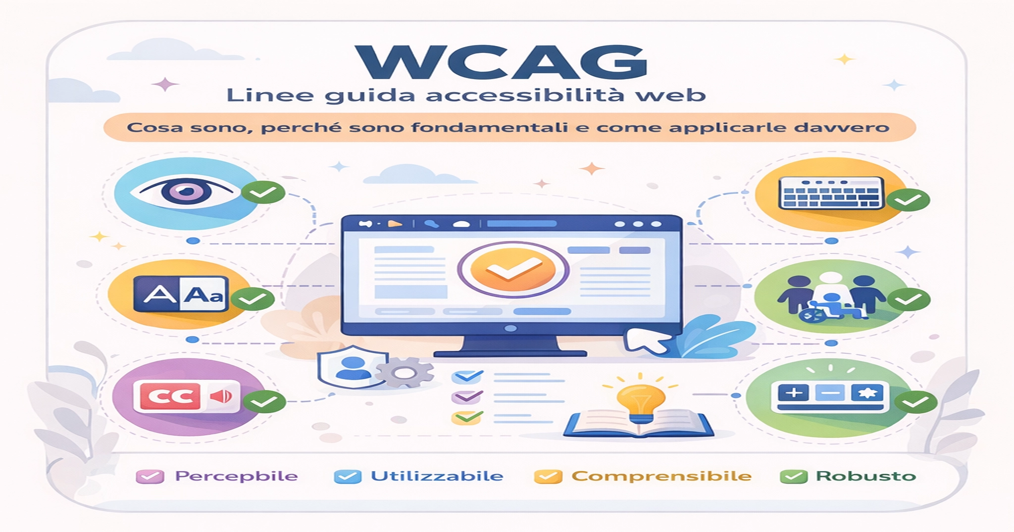 Illustrazione WCAG con i quattro principi dell’accessibilità web e icone di inclusione digitale.