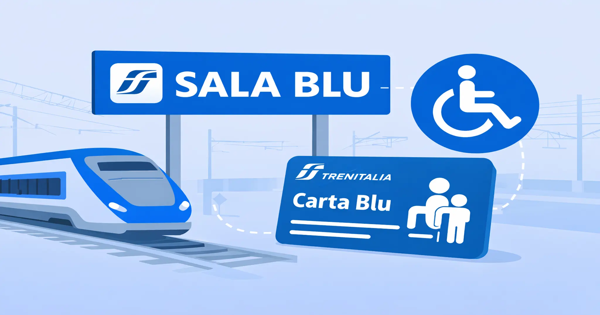 Grafica dedicata al servizio Sale Blu e alla Carta Blu Trenitalia per l’assistenza alle persone con disabilità e mobilità ridotta nei viaggi in treno.