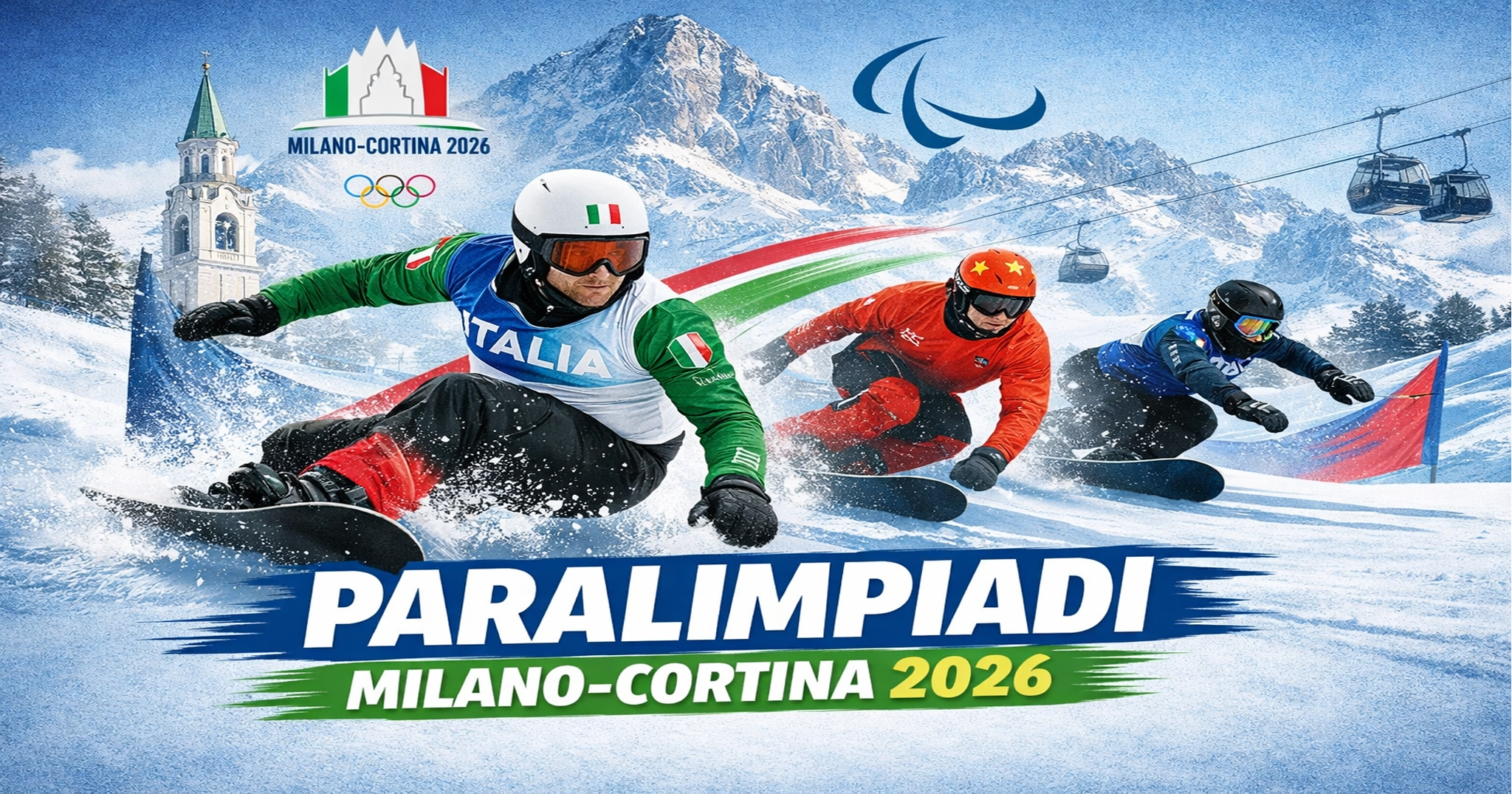 Atleti di snowboard paralimpico in gara alle Paralimpiadi Invernali Milano-Cortina 2026 su una pista innevata con il titolo dell’evento.