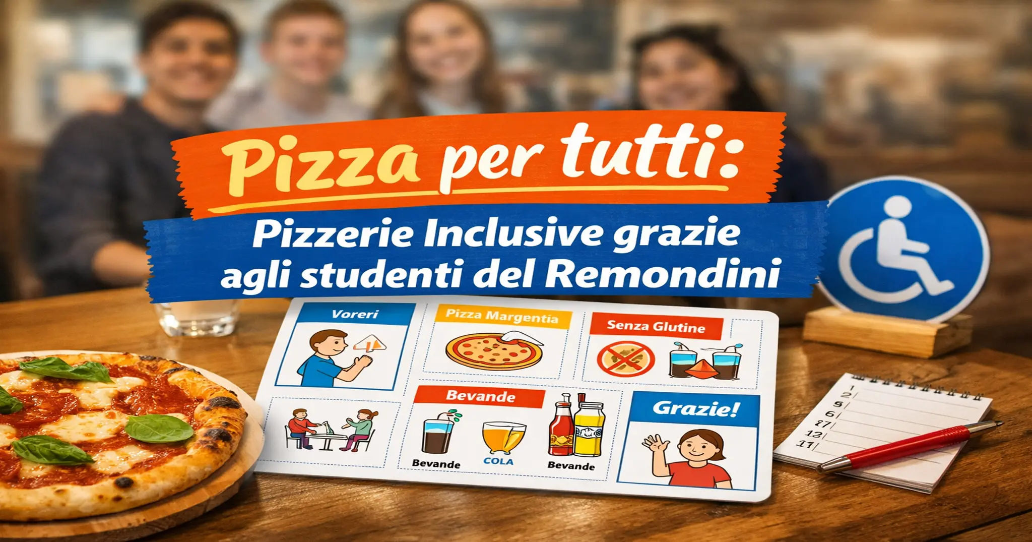 Immagine in evidenza del progetto “Pizza per tutti”: una pizza, una tovaglietta in Comunicazione Aumentativa Alternativa per facilitare l’ordine in pizzeria e, sullo sfondo, un gruppo di studenti del Remondini, simbolo di inclusione e accessibilità.