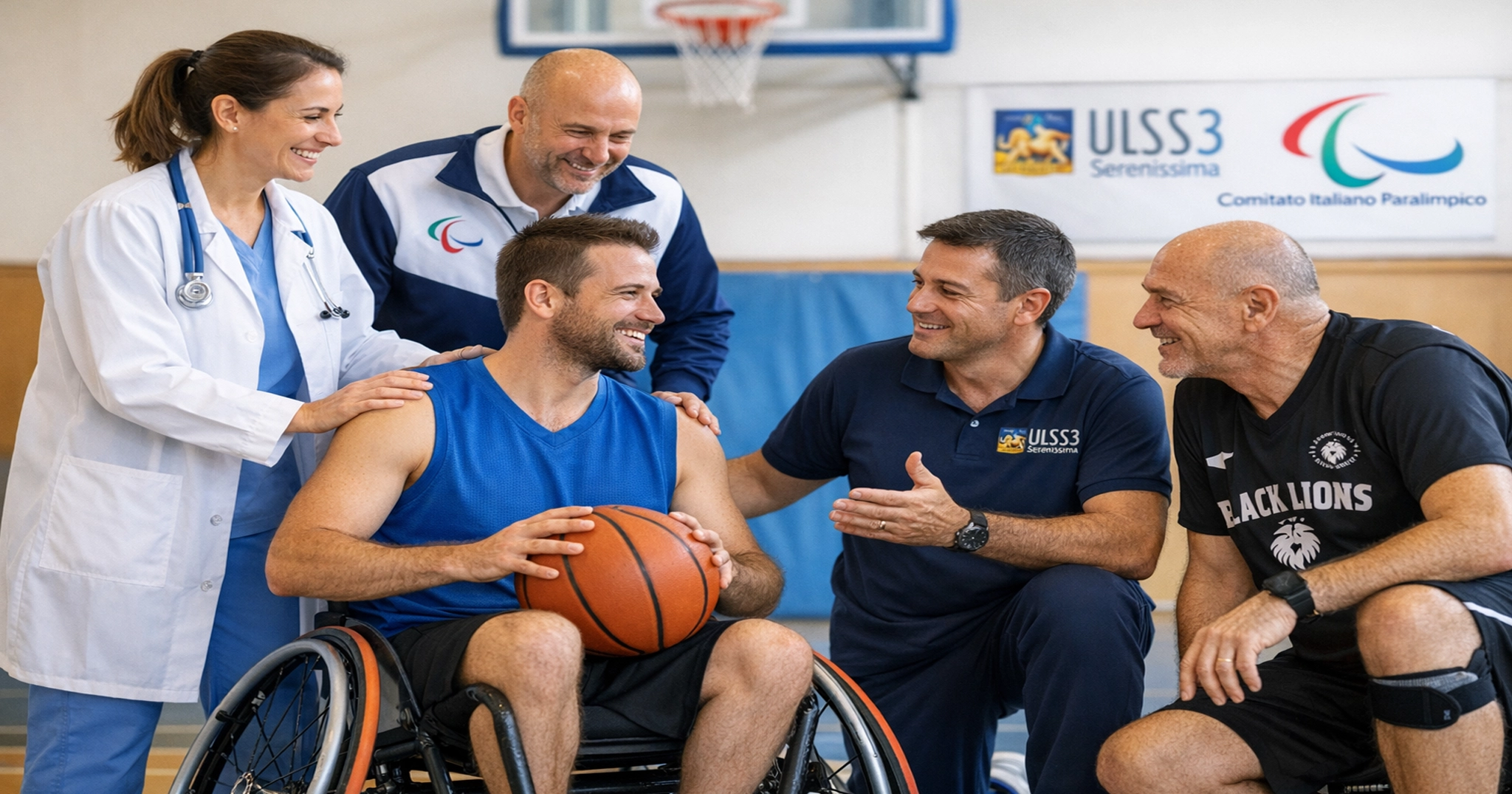 Atleta in carrozzina durante allenamento di basket con medici e allenatori, esempio di sport inclusivo in Veneto