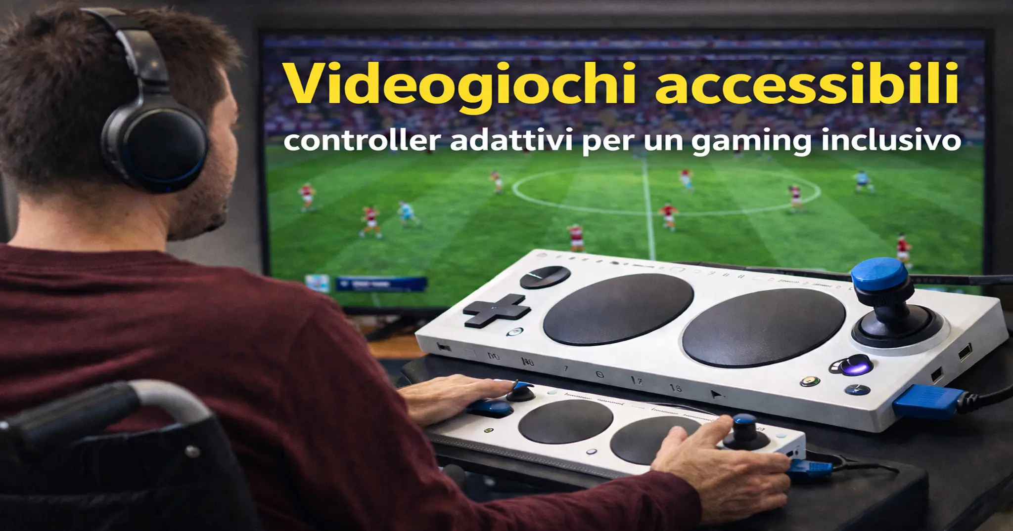 Persona con disabilità che utilizza un controller adattivo per videogiochi accessibili mentre gioca a un videogioco di calcio.