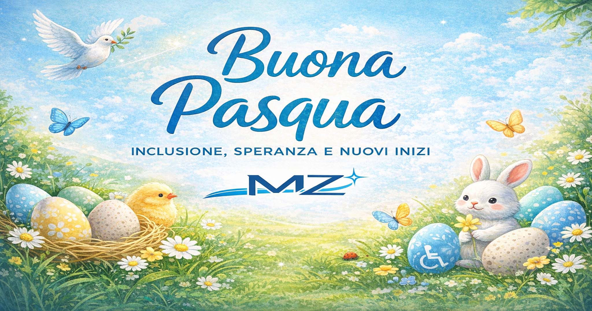 Buona pasqua Illustrazione primaverile con la scritta “Buona Pasqua – Inclusione, speranza e nuovi inizi”, decorata con uova colorate, fiori, un pulcino, un coniglietto e una colomba; al centro è presente il logo MZ.