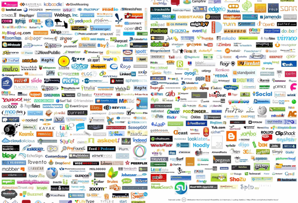Mosaico caotico di loghi web che rappresenta sovraccarico visivo e difficoltà di orientamento